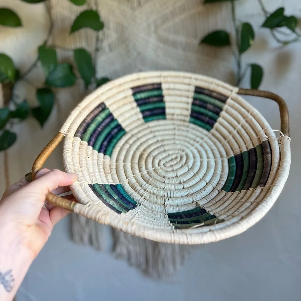 Large Woven Rattan Basket Bowl with Handles – Boho Farmhouse Wall or Table Décor